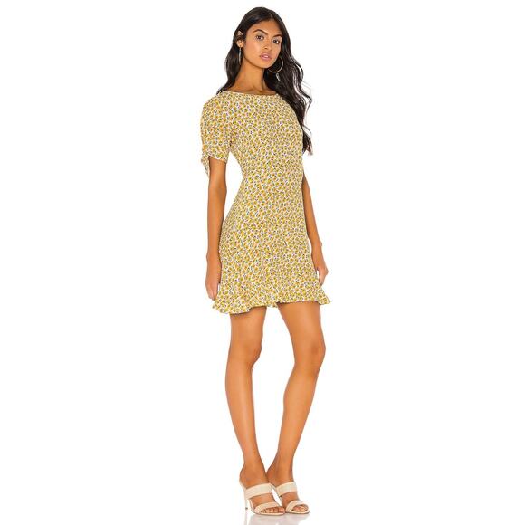 Faithfull The Brand Daphne Floral Mini Dress Yellow Back Zip Short Sleeve Sz M - Picture 2 of 10